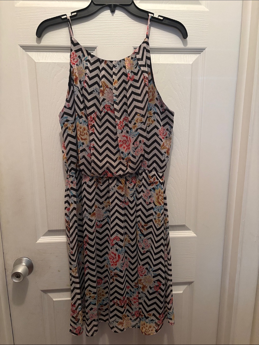 Tacera Black & White Chevron Dress with Pink and Yellow Floral Print